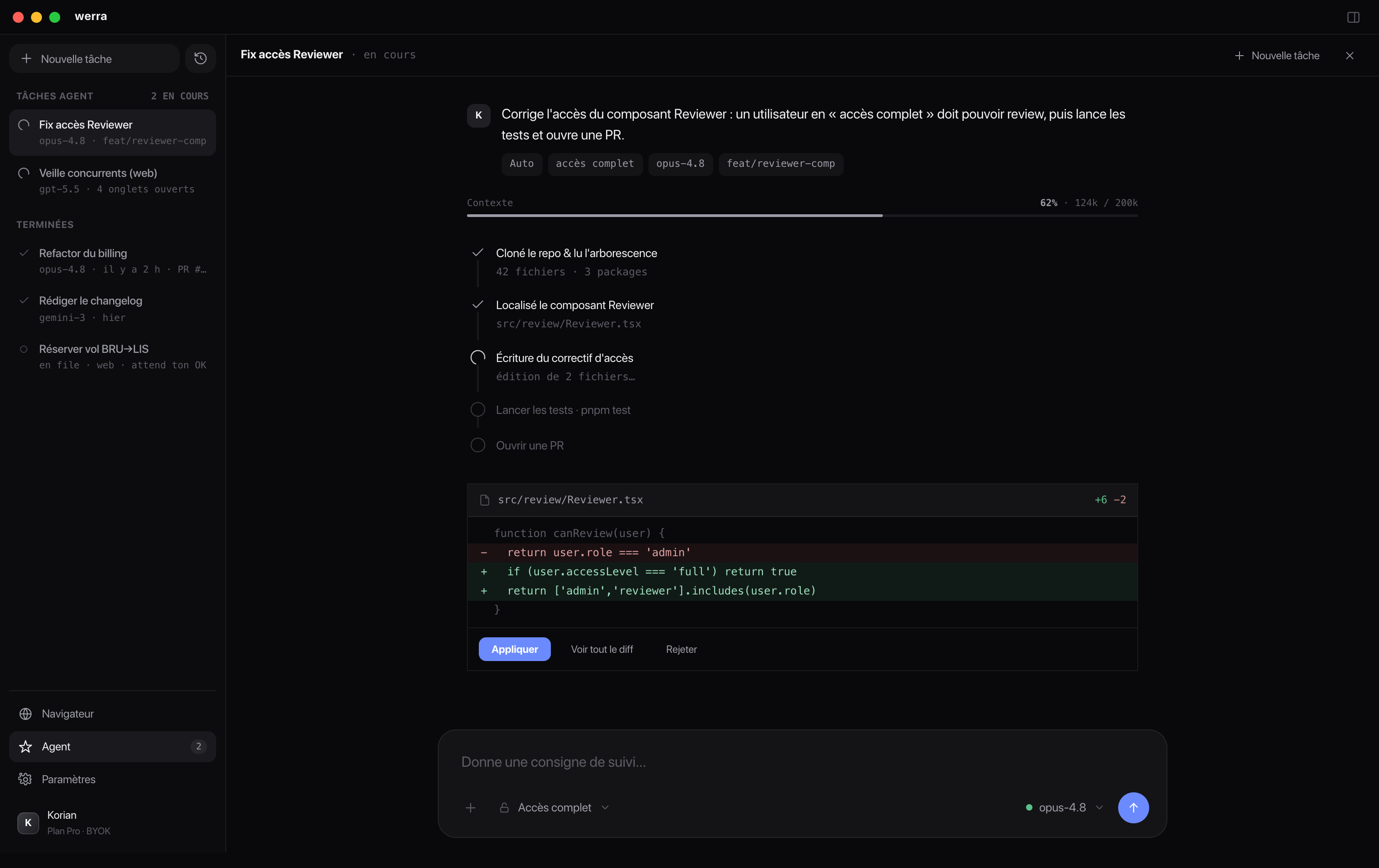 werra full-screen agent view with a task list and a code diff