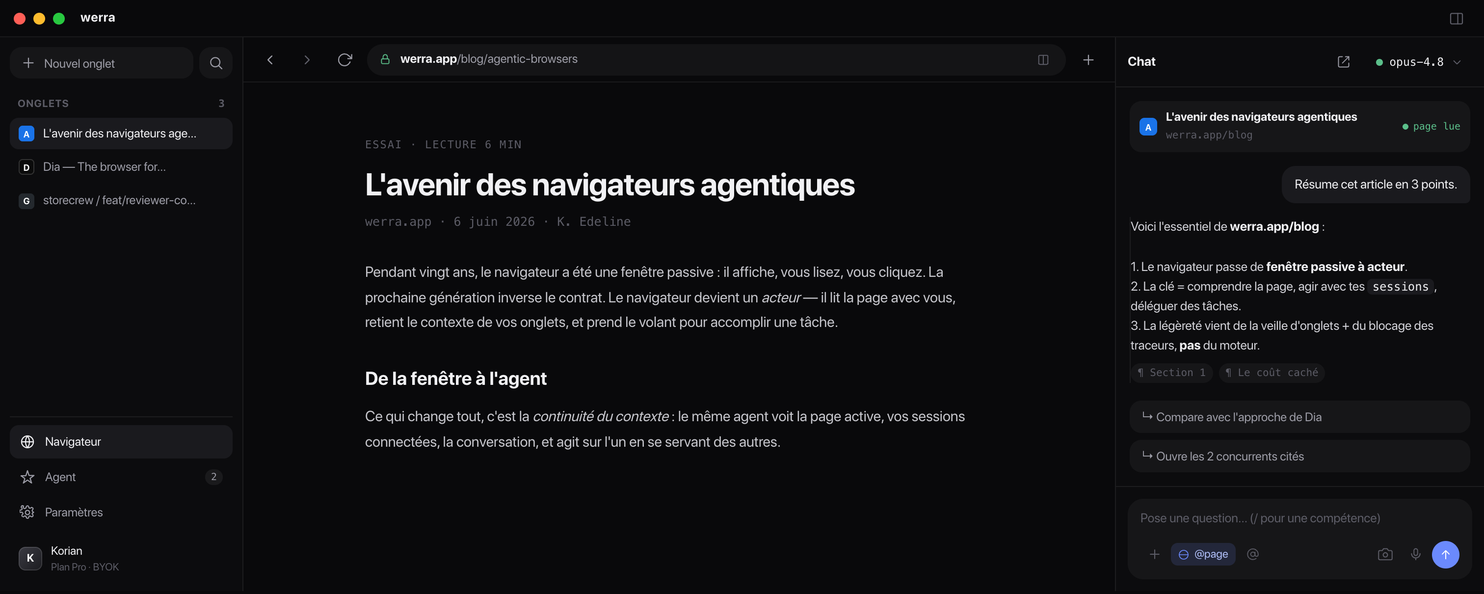 werra reading a page with the AI chat open on the right