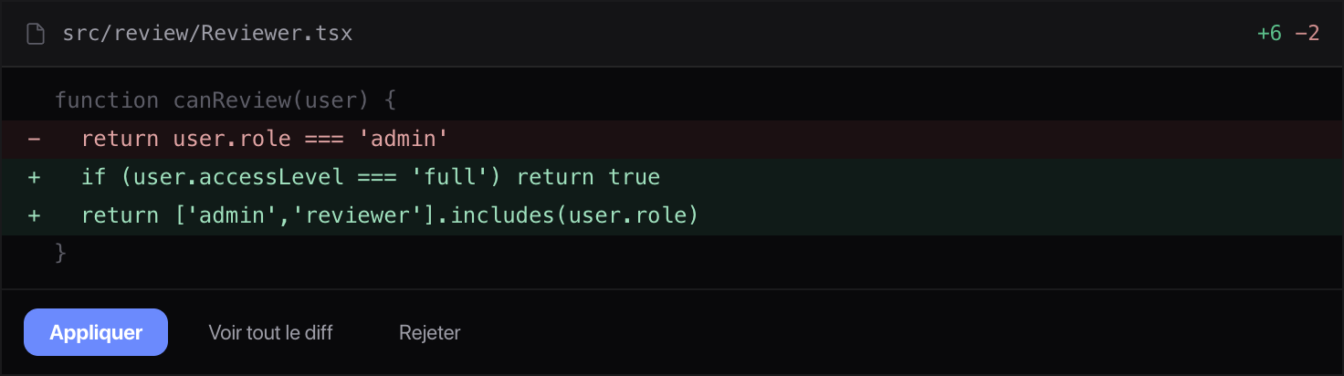 Code diff in werra with Apply, View full diff and Reject buttons