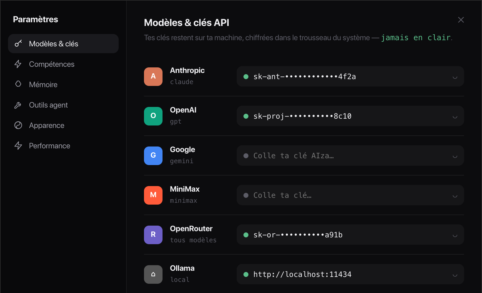 werra settings: Models and API keys for six providers